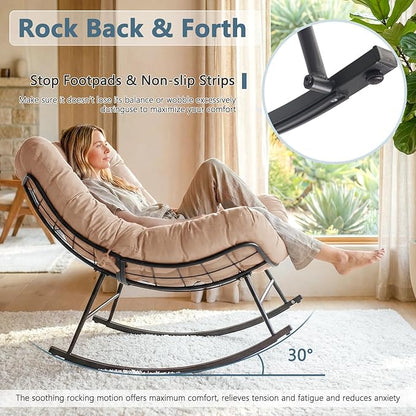 Cushioned Papasan Rocking Chair for Outdoor Indoor, Oversized Outdoor Rocking Chair with Cushion, Egg Rocker for Patio, Porch, Balcony, Lawn, Bedroom, Living Room, Beige