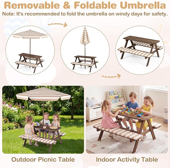 Costzon Kids Picnic Table, Wooden Toddler Outdoor Table & Bench Set with Removable Umbrella & Cushions, Stripe Fabric, Kids Outdoor Furniture for Patio Backyard Garden, Fits 4 Children Age 3+ (Coffee)