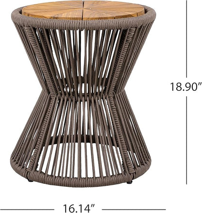 Merax Bohemian Round Outdoor Side Table Set of 2, 2 Pieces Patio Side Tables with Acacia Wood Top and Dark Grey Handwoven Rope Base, for Garden, Pool, Balcony, Elegant Hourglass Design, No Assembly