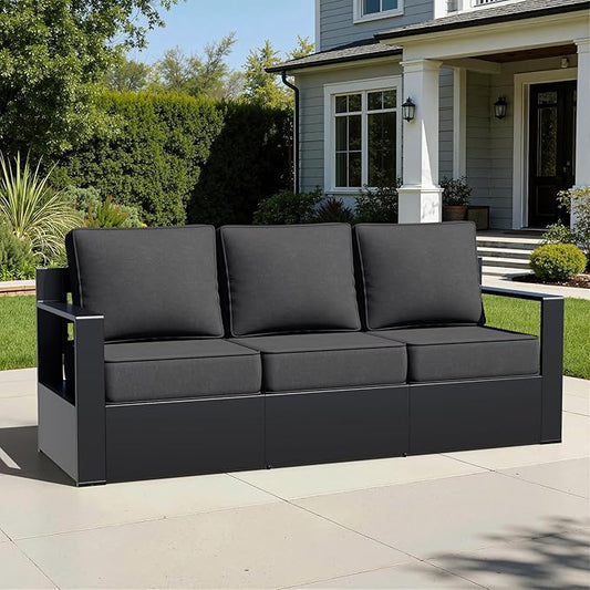 Aluminum Patio Sofa - 3-Seater Outdoor Couch with 6" Thick Removable Cushions, All-Weather Metal Frame, Deep Setting for Garden, Poolside and Porch