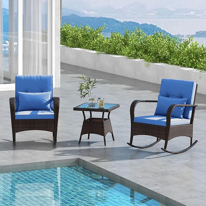 ORALNER 3 Pieces Patio Furniture Set, Outdoor Wicker Rocking Chairs with Cushions, Pillows, Glass Coffee Table, Rattan Bistro Rocker Set for Balcony Front Porch Poolside Garden Deck Yard (Navy)