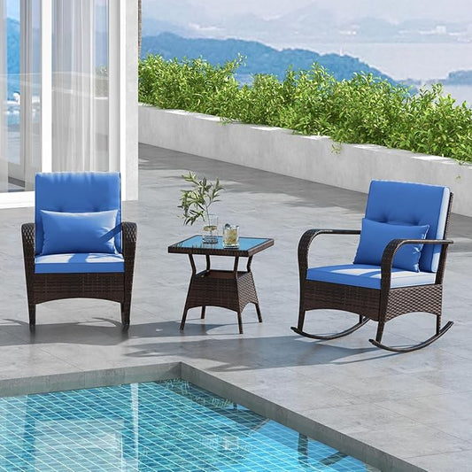 ORALNER 3 Pieces Patio Furniture Set, Outdoor Wicker Rocking Chairs with Cushions, Pillows, Glass Coffee Table, Rattan Bistro Rocker Set for Balcony Front Porch Poolside Garden Deck Yard (Navy)