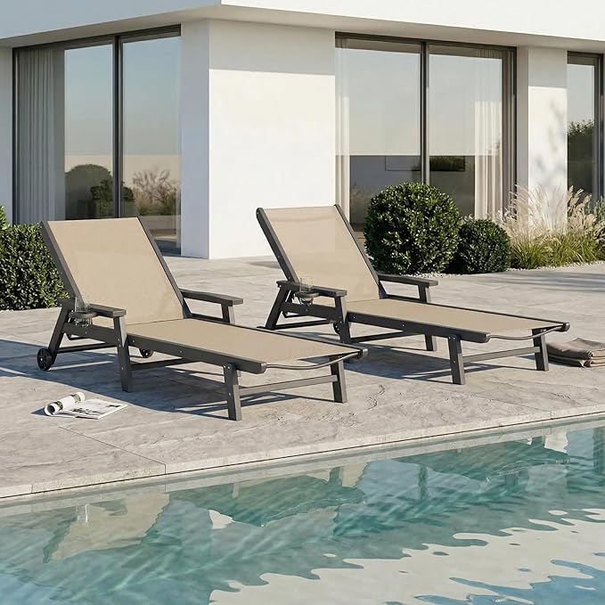 Patio Chaise Lounge Chair with Wheels & Cup Holder - Photo 4