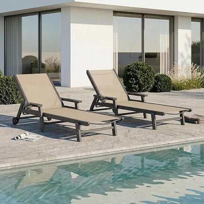 Patio Chaise Lounge Chair with Wheels & Cup Holder, HDPE Textilene Outdoor Lounge Chair 5 Positions Adjustable for Poolside Deck Patio Backyard (2, Grey Frame, Khaki Textilene)