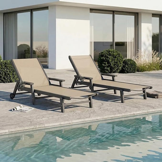 Patio Chaise Lounge Chair with Wheels & Cup Holder, HDPE Textilene Outdoor Lounge Chair 5 Positions Adjustable for Poolside Deck Patio Backyard (2, Grey Frame, Khaki Textilene)