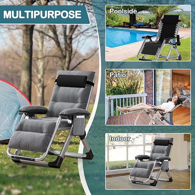NAIZEA Padded Zero Gravity Chair, Folding Outdoor Lounge Chairs, Adjustable Reclining Camping Chairs with Cup Holder - Photo 3