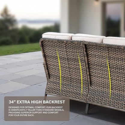Belord 8 Pieces Patio Conversation Set with 43” Propane Fire Pit Table, Outdoor Sectional Furniture Sofa Set with Removable Beige Cushions for Patio Deck Backyard Brown