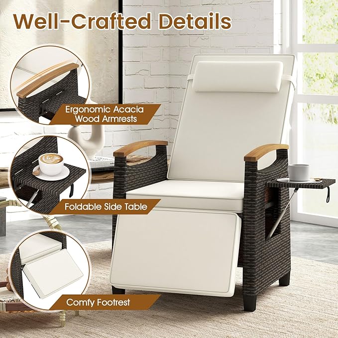 LDAILY Moccha Wicker Outdoor Recliner Chair - Rattan Lounge Chair with Adjustable Backrest & Footrest, Flip Side Table, Cushion, Push Back Reclining Seat for Pool Yard Patio Porch Balcony (Off White)