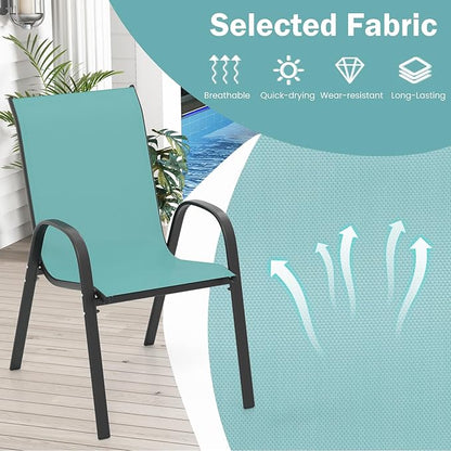 COSTWAY Patio Dining Chairs Set of 2, Stackable Outdoor Chairs with Armrest and High Back, Breathable Fabric & Metal Frame Chair for Garden Poolside Backyard Deck (Turquoise)