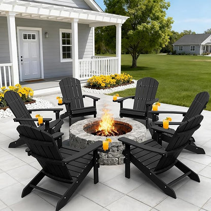 YEFU Adirondack Chairs with Cup Holders: Set of 6 Fire Pit Chairs Plastic with Wood Texture - Sturdy All-Weather HIPS for Patio Backyard Lawn - Easy Assembly Outdoor Furniture(Black)