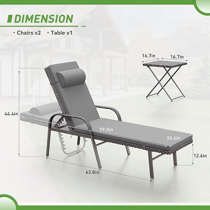 Kurapika Patio Chaise Lounge Set 3 Pieces Outdoor Lounge Chair, Rattan Reclining Chair Adjustable Backrest, Pool Sunbathing Recliners with Folding Table for Poolside Beach, Grey