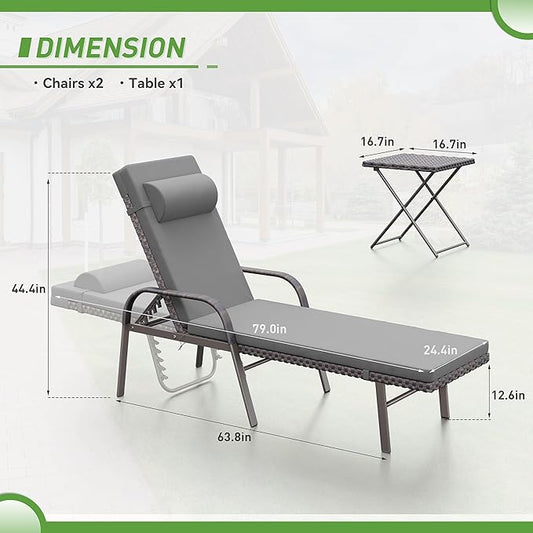 Kurapika Patio Chaise Lounge Set 3 Pieces Outdoor Lounge Chair, Rattan Reclining Chair Adjustable Backrest, Pool Sunbathing Recliners with Folding Table for Poolside Beach, Grey