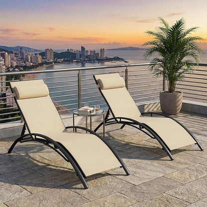 Tangkula Lounge Chairs Outdoor Set of 2, Heavy-Duty Patio Chaise Lounges with 5-Position Backrest & Breathable Seat Fabric, Outside Beach Pool Sunbathing Recliner for Backyard, Poolside (Beige)