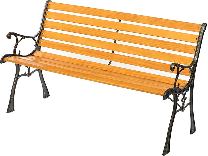 Gardenised Wooden Outdoor Park Patio Garden Yard Bench with Designed Steel Armrest and Legs, Black