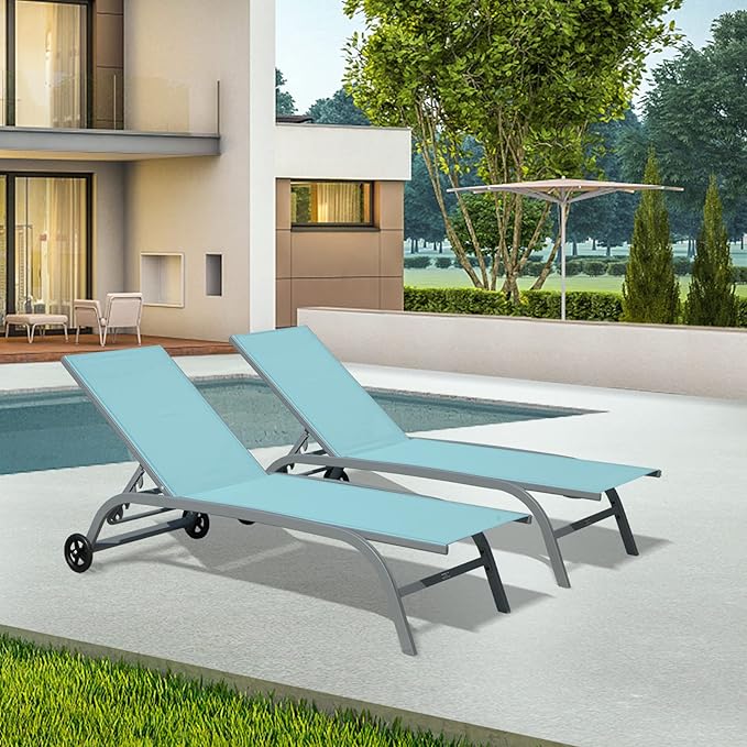 Domi Chaise Lounge Outdoor Set of 2, Lounge Chairs for Outside with Wheels, Outdoor Chaise Lounge with 5 Adjustable Position, Pool Lounge Chairs for Patio, Yard, Deck, Poolside, Turquoise Blue