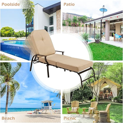 U-MAX Adjustable Outdoor Chaise Lounge Chair Patio Lounge Chair Recliner Furniture with Armrest and Cushion for Deck, Poolside, Backyard (Beige, 2PCS)