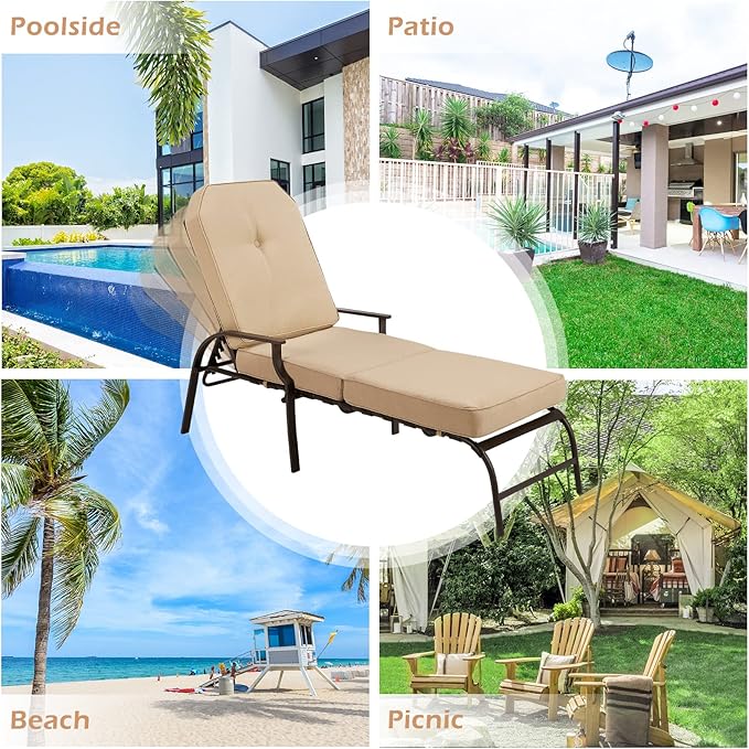 U-MAX Adjustable Outdoor Chaise Lounge Chair Patio Lounge Chair Recliner Furniture with Armrest and Cushion for Deck, Poolside, Backyard (Beige, 1 PC)