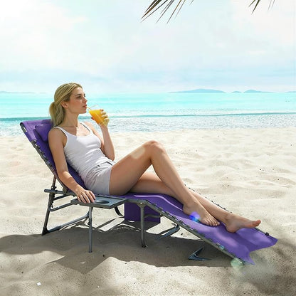 Outsunny Folding Chaise Lounge Chair Outdoor Tanning Chair with Side Table, 5-Level Adjustable Beach Lounge Chair with Headrest, Side Pocket for Patio, Backyard, Beach, Poolside, Purple