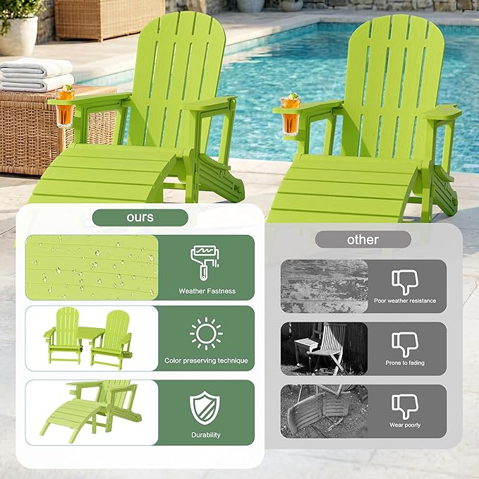 JY QAQA Outdoor Adirondack Chair Set of 2 with Detachable Table & Ottoman, All-Weather HDPE Patio Furniture with Wood Texture & Cup Holder for Patio, Poolside, Garden, Green