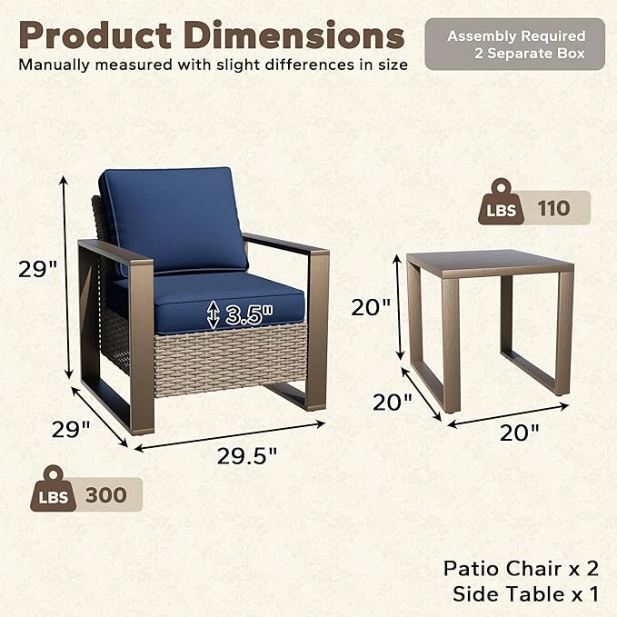 Outdoor Wicker Metal Chairs Set of 2 with Matching Side Table - 3 Pieces Patio Bistro Set with Removable Olefin Fabric - Photo 2