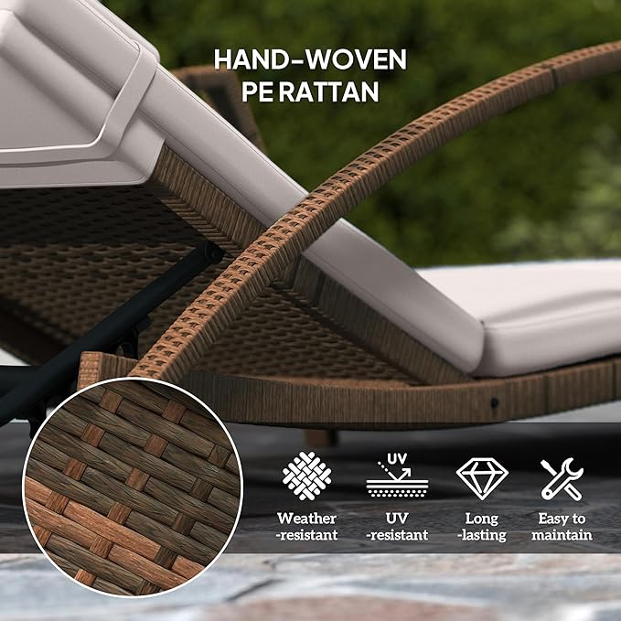 Outsunny Wicker Chaise Lounge Chair Outdoor Set of 2, 5-Position Adjustable Reclining Pool Lounge Chairs with Wheels, Rattan Outdoor Lounger with Cushion, Armrests for Poolside Beach Backyard, Beige