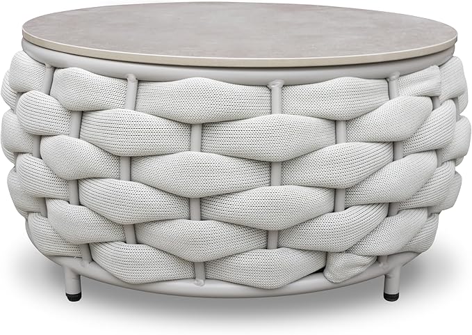 Round Patio Accent Table: φ25.6''/65cm Aluminum Coffee Tables - Hand Woven Rope Side Table Assembled - Metal Modern Outdoor Furniture for 176lbs Deck Porch Garden Poolside Balcony Hotel, Gray