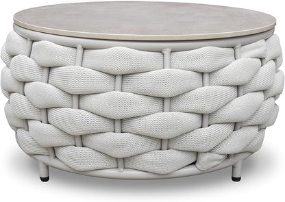 Round Patio Accent Table: φ25.6''/65cm Aluminum Coffee Tables - Hand Woven Rope Side Table Assembled - Metal Modern Outdoor Furniture for 176lbs Deck Porch Garden Poolside Balcony Hotel, Gray