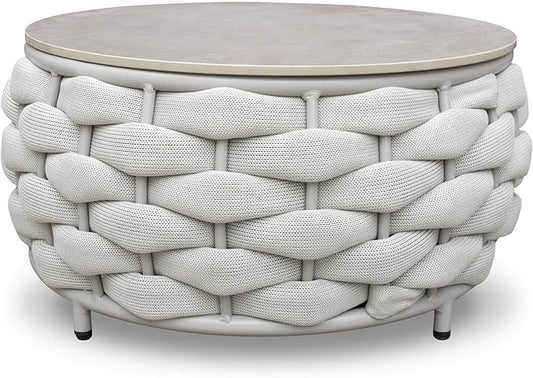 Round Patio Accent Table: φ25.6''/65cm Aluminum Coffee Tables - Hand Woven Rope Side Table Assembled - Metal Modern Outdoor Furniture for 176lbs Deck Porch Garden Poolside Balcony Hotel, Gray
