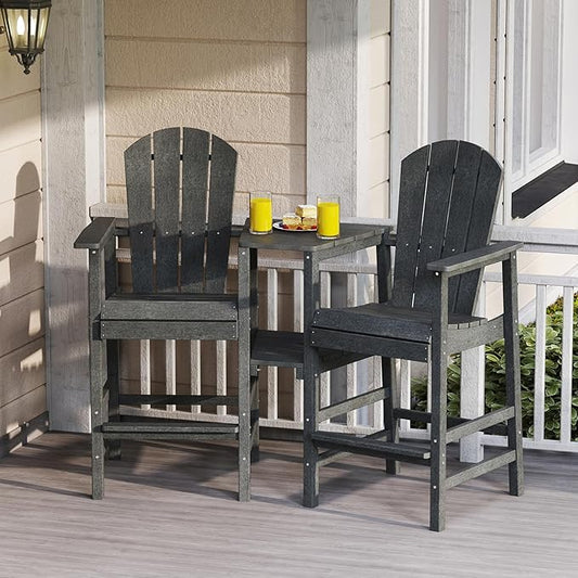 Giantex Outdoor Tall Adirondack Chairs Set of 2, HDPE Adirondack Bar Stools w/Double Connecting Tray, Umbrella Hole, High Backrest, All-Weather Balcony Chair, Patio Barstools for Garden Lawn (Gray)