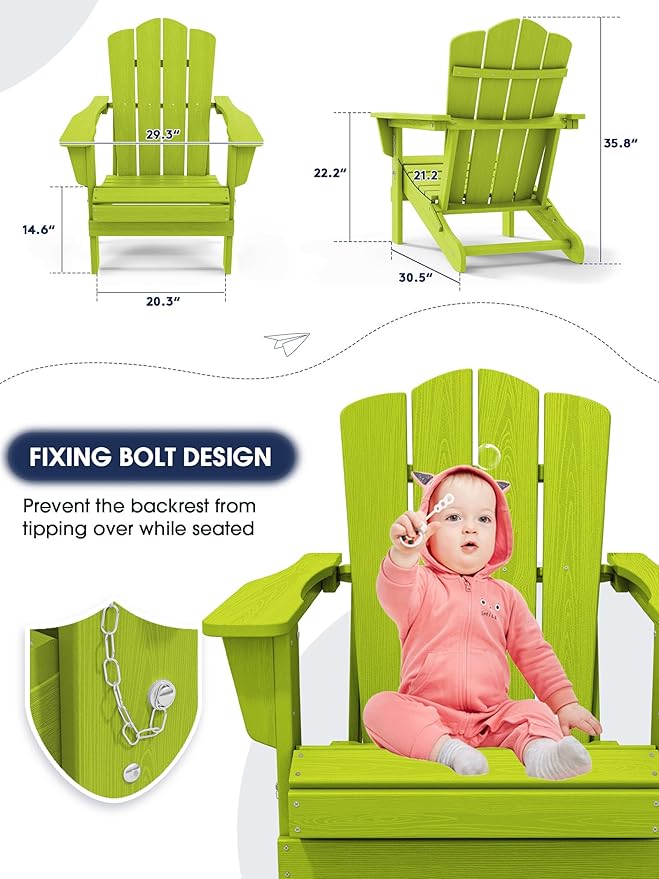 KINGYES Folding Adirondack Chair Set of 8, HDPE All-Weather Folding Adirondack Chair, Apple - Photo 2