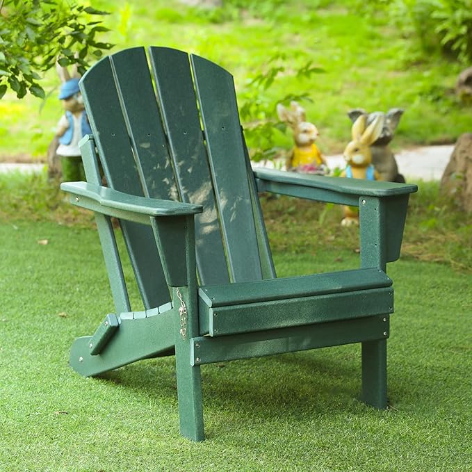 Folding Adirondack Chair, All-Weather Fire Pit Chairs, Oversized All Weather Resistant Outdoor Adirondack Chair for Firepit Area BBQ Beach Deck Garden Lawn Backyard Pool (Dark Green)