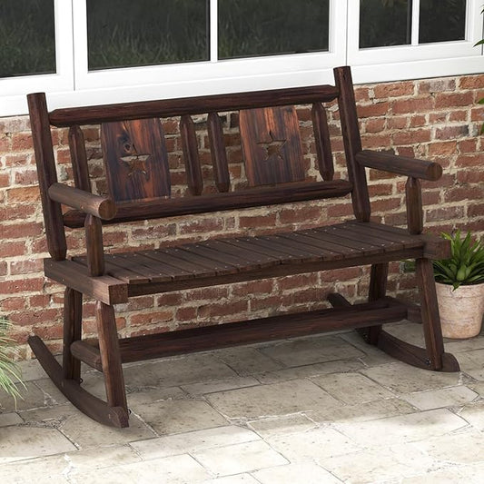 Tangkula Patio Rocking Bench, Carbonized Wood Double Rocker Chair with Ergonomic Seat, 2-Person Solid Wood Rocking Loveseat for Backyard, Porch, Garden, Rustic Farmhouse Style (1, Rustic Brown)