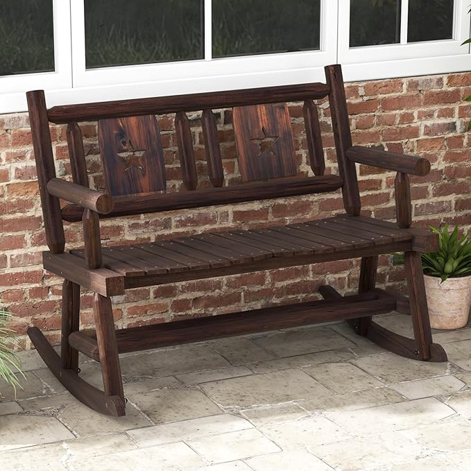 Tangkula Patio Rocking Bench, Carbonized Wood Double Rocker Chair with Ergonomic Seat, 2-Person Solid Wood Rocking Loveseat for Backyard, Porch, Garden, Rustic Farmhouse Style (2, Rustic Brown)