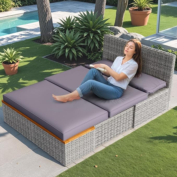Devoko Patio Day Bed with 2 Side Tables Outdoor Daybed Set MultifunctionalRattan Lounge Bed for Backyard Porch Poolside - Photo 3