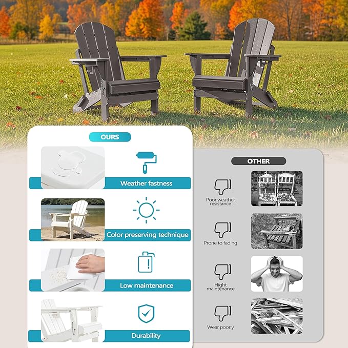 Folding Outdoor Adirondack Chairs Set of 1 with HDPE Side Tables-Plastic Weather Resistant Patio Chairs with Small Outdoor Side Tables 2 Storage for Patio,Fire Pit, Garden and Backyard