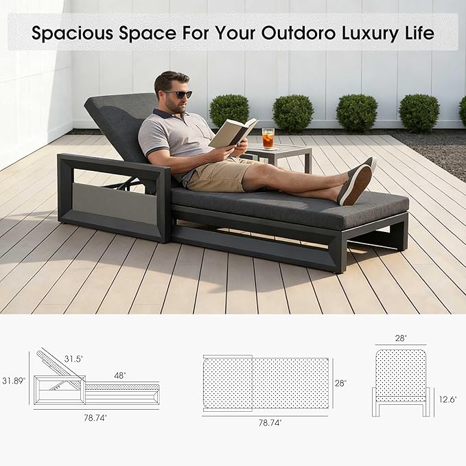 PURPLE LEAF Outdoor Chaise Lounge Set of 4 Reclining 2 in 1 Design Lounger Chair with Cushion Deluxe Aluminum Oversize Pool Lounge Chairs with Armrests & Backrest for Patio Poolside Backyard, Grey