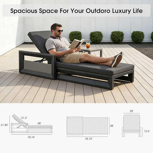 PURPLE LEAF Outdoor Chaise Lounge 2 in 1 Design Reclining Lounger Chair with Cushion Deluxe Aluminum Oversize Pool Lounge Chairs with Armrests & Backrest for Patio Poolside Backyard, Grey