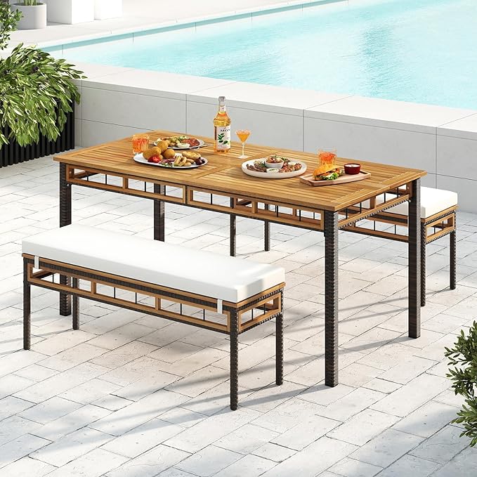 Tangkula Outdoor Wicker Bench with Removable Padded Cushion, 48" Patio Backless Acacia Wood Bench, 2-Person Outdoor PE Rattan Chair for Entryway Garden Poolside Deck (2,White)