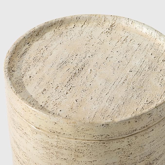 HOMPUS Round Outdoor Side Table, Rustic Modern Vintage Patio End Table, Weathered Stone Small Outdoor Accent for Indoor Outdoor Use, Patio, Garden, Cream