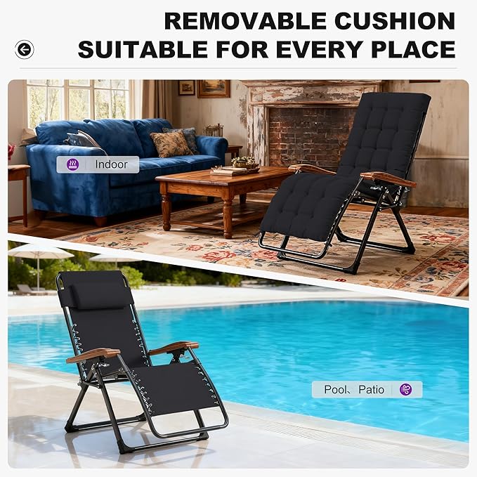PURPLE LEAF Oversized Outdoor Reclining Chair Patio Zero Gravity Chaise Lounge Folding Chair with Removable Cushion Adjustable Headrest for Lawn Camping Beach Pool Black