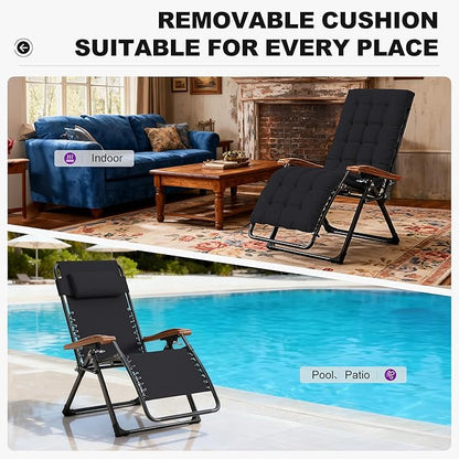 PURPLE LEAF Oversized Outdoor Reclining Chair Patio Zero Gravity Chaise Lounge Folding Chair with Removable Cushion Adjustable Headrest for Lawn Camping Beach Pool Black