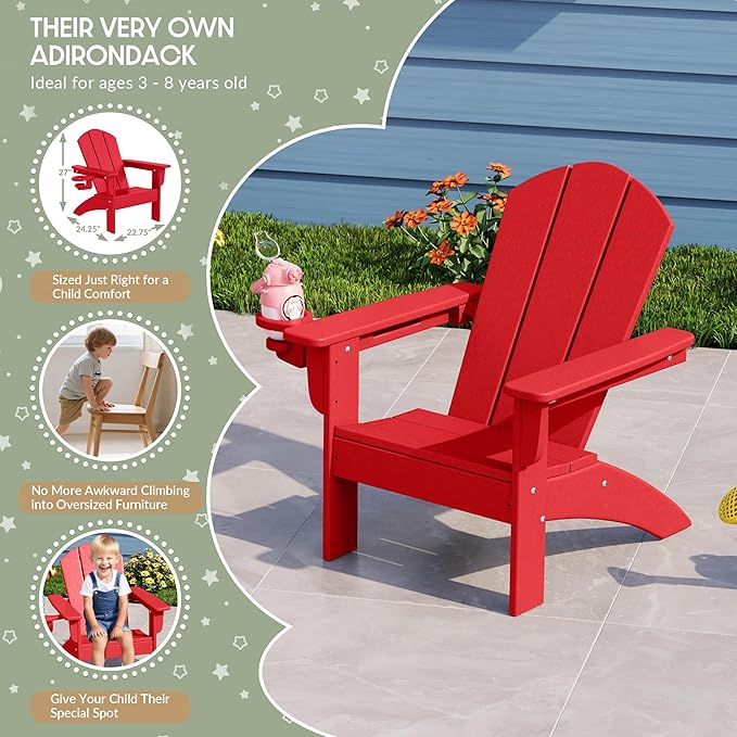 WestinTrends Malibu 3-Piece Kids HDPE Adirondack Chairs Set with Square Side Table and Cup Holders, Red