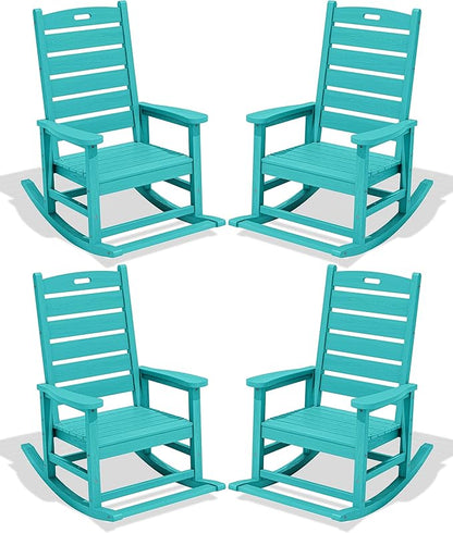 SERWALL Outdoor Rocking Chair Set of 4, Oversized HDPE Patio Rocking Chair with Footrest for Adults, All Weather Porch Rocker for Deck Patio Balcony, Aruba