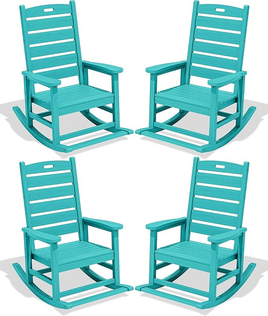 SERWALL Outdoor Rocking Chair Set of 4, Oversized HDPE Patio Rocking Chair with Footrest for Adults, All Weather Porch Rocker for Deck Patio Balcony, Aruba
