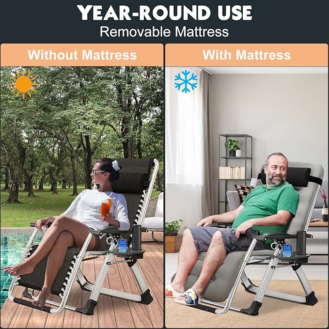 MOPHOTO Zero Gravity Chair, Outdoor Padded Lounge Chair with Side Table, Zero Gravity Recliner Chair, Outdoor Reclining Chair, Sturdy & Comfortable, Supports up to 440lbs