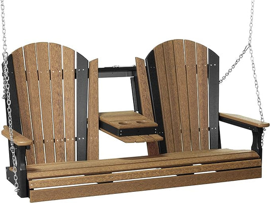 LuxCraft 5' Adirondack Hanging Porch Swing with Center Console, Outdoor Patio Swing, Front Porch Swing, Outdoor Swing Bench (Antique Mahogany & Black)