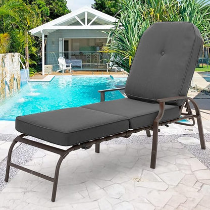 U-MAX Adjustable Outdoor Chaise Lounge Chair Patio Lounge Chair Recliner Furniture with Armrest and Cushion for Deck, Poolside, Backyard (Grey, 1PC