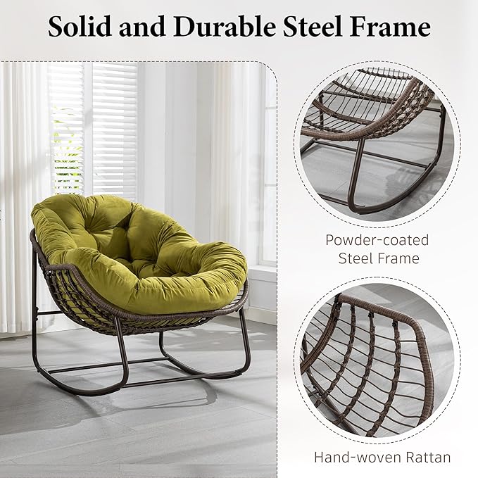 Large Indoor Outdoor Rocking Chair, Oversized Rocking Papasan Chair with Thick Cushion and Frame Outdoor Rocker, Comfy Wicker Egg Chairs Lounge for Outside Porch Patio Backyard (Olive Green, Set of 2)