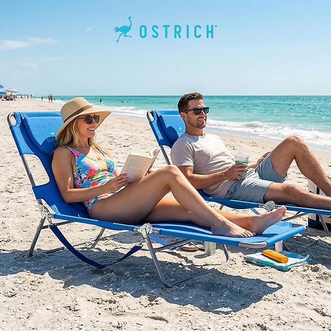 Ostrich the Original Chaise 72 x 22 Inch Lounge Portable Reclining Lounger, Outdoor Patio, Beach, Lawn, Camping, or Pool Tanning Chair, Ocean Blue