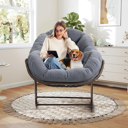Large Indoor Rocking Chair Set of 2, Oversized Rocking Papasan Chair with Thick Cushion and Frame,Comfy Teddy Rocker Wicker Egg Chairs Lounge Reading Chair for Living Room, Bedroom, Dark Grey